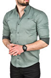 DeepSEA Erkek Yeşil Slim Fit Pamuklu Kot Gömlek Kolay Ütülenebilir Çıt Çıtlı Likralı Spor Gömlek 2502504