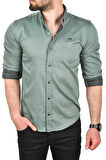 DeepSEA Erkek Yeşil Slim Fit Pamuklu Kot Gömlek Kolay Ütülenebilir Çıt Çıtlı Likralı Spor Gömlek 2502504