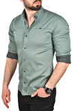 DeepSEA Erkek Yeşil Slim Fit Pamuklu Kot Gömlek Kolay Ütülenebilir Çıt Çıtlı Likralı Spor Gömlek 2502504