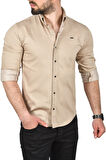 DeepSEA Erkek Bej Slim Fit Pamuklu Kot Gömlek Kolay Ütülenebilir Çıt Çıtlı Likralı Spor Gömlek 2502504