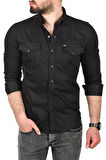 DeepSEA Erkek Siyah Slim Fit Pamuklu Cepli Kot Gömlek Çıtçıtlı Uzun Kollu Spor Gömlek 2502503
