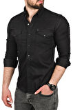 DeepSEA Erkek Siyah Slim Fit Pamuklu Cepli Kot Gömlek Çıtçıtlı Uzun Kollu Spor Gömlek 2502503