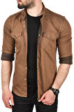 DeepSEA Erkek Kahve Slim Fit Pamuklu Cepli Kot Gömlek Çıtçıtlı Uzun Kollu Spor Gömlek 2502503