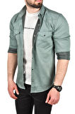 DeepSEA Erkek Yeşil Slim Fit Pamuklu Cepli Kot Gömlek Çıtçıtlı Uzun Kollu Spor Gömlek 2502503