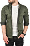 DeepSEA Erkek Haki Slim Fit Pamuklu Cepli Kot Gömlek Çıtçıtlı Uzun Kollu Spor Gömlek 2502503