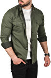 DeepSEA Erkek Haki Slim Fit Pamuklu Cepli Kot Gömlek Çıtçıtlı Uzun Kollu Spor Gömlek 2502503