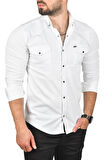 DeepSEA Erkek Beyaz Slim Fit Pamuklu Cepli Kot Gömlek Çıtçıtlı Uzun Kollu Spor Gömlek 2502503