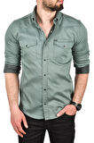 DeepSEA Erkek Yeşil Slim Fit Pamuklu Cepli Kot Gömlek Çıtçıtlı Uzun Kollu Spor Gömlek 2502503