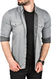 DeepSEA Erkek Gri Slim Fit Pamuklu Cepli Kot Gömlek Çıtçıtlı Uzun Kollu Spor Gömlek 2502503
