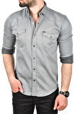 DeepSEA Erkek Gri Slim Fit Pamuklu Cepli Kot Gömlek Çıtçıtlı Uzun Kollu Spor Gömlek 2502503
