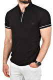 DeepSEA Erkek Siyah Slim Fit Dar Kesim Pamuklu Pike Kumaş Polo Yaka Tişört Nefes Alan Kıvrılmaz Polo Yaka Tişört 2503020