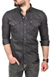DeepSEA Erkek Füme Slim Fit Pamuklu Cepli Kot Gömlek Çıtçıtlı Uzun Kollu Spor Gömlek 2502503