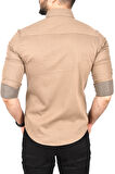 DeepSEA Erkek Bej Slim Fit Pamuklu Cepli Kot Gömlek Çıtçıtlı Uzun Kollu Spor Gömlek 2502503