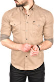 DeepSEA Erkek Bej Slim Fit Pamuklu Cepli Kot Gömlek Çıtçıtlı Uzun Kollu Spor Gömlek 2502503