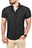DeepSEA Erkek Siyah Slim Fit Pamuklu Spor Gömlek Likralı Dar Kesim Jakar Kumaş Kısa Kol Gömlek 2501210