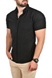 DeepSEA Erkek Siyah Slim Fit Pamuklu Spor Gömlek Likralı Dar Kesim Jakar Kumaş Kısa Kol Gömlek 2501210