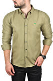 DeepSEA Erkek Haki Slim Fit Dar Kesim Keten Gömlek Pamuklu Spor Gömlek 2501305