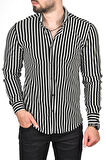 DeepSEA Erkek Siyah Slim Fit Dar Kesim Çizgili Spor Gömlek Pamuklu Likralı Gömlek 2501112