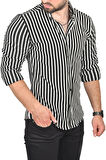 DeepSEA Erkek Siyah Slim Fit Dar Kesim Çizgili Spor Gömlek Pamuklu Likralı Gömlek 2501112