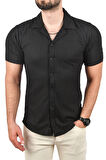 DeepSEA Erkek Siyah Slim Fit Pamuklu Apaş Yaka Kısa Kol Penye  Gömlek Dokulu Jakar Kumaş Dar Kesim Spor Gömlek 2501216