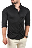 DeepSEA Erkek Siyah Slim Fit Dar Kesim Pamuklu Spor Gömlek Jakar Kumaş Likralı Gömlek 2500552