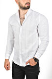 DeepSEA Erkek Beyaz Slim Fit %100 Pamuk Keten Gömlek Dar Kesim Dokulu Keten Gömlek 2501301