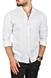 DeepSEA Erkek Beyaz Slim Fit %100 Pamuk Keten Gömlek Dar Kesim Dokulu Keten Gömlek 2501302