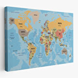 Harita Sepeti Türkçe Dünya Haritası Ülke Başkentli ve Okyanuslu Dekoratif Kanvas Tablo 2228