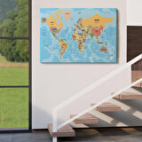 Harita Sepeti Türkçe Dünya Haritası Ülke Başkentli ve Okyanuslu Dekoratif Kanvas Tablo 2228