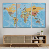 Harita Sepeti Dünya Haritası Ülke Başkentli Okyanuslu ve Dekoratif Kanvas Tablo 2229