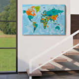 Harita Sepeti Türkçe Dünya Haritası Ülke Başkentli ve Okyanuslu Dekoratif Kanvas Tablo 2230