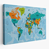 Harita Sepeti Türkçe Dünya Haritası Ülke Başkentli ve Okyanuslu Dekoratif Kanvas Tablo 2230