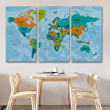 Harita Sepeti Türkçe Dünya Haritası Ülke Başkentli ve Okyanuslu Dekoratif Kanvas Tablo 2230