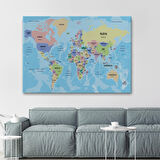 Harita Sepeti Türkçe Dünya Haritası Ülke Başkentli ve Okyanuslu Dekoratif Kanvas Tablo 2232