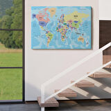Harita Sepeti Türkçe Dünya Haritası Ülke Başkentli ve Okyanuslu Dekoratif Kanvas Tablo 2232