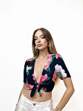 Çiçek Desenli V Yaka Önü Bağlamalı Crop Bluz