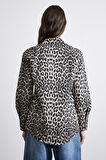 Leopar Desenli Pamuklu Bej Gömlek