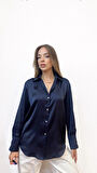 V Yaka Basic Saten Lacivert Gömlek