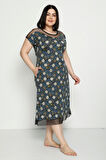 Desenli Cepli Tül Detaylı Penye Modal Büyük Beden Kısa Kollu Pamuklu Elbise