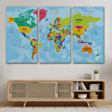 Harita Sepeti Türkçe Dünya Haritası Ülke Başkentli ve Okyanuslu Dekoratif Kanvas Tablo 2244