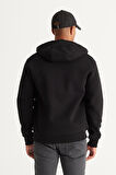 Erkek Siyah Standart Fit Normal Kesim Içi Polarlı 3 Iplik Kapüşonlu Fermuarlı Sweatshirt Ceket
