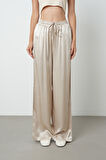 Kadın Açık Bej Düz %100 Viskoz Bol Paça Beli Lastikli Pantolon