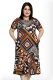 Kadın Desenli Cepli Kısa Kollu %100 Viskon Büyük Beden Elbise