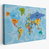 Harita Sepeti Türkçe Dünya Haritası Ülke Başkentli ve Okyanuslu Dekoratif Kanvas Tablo 2260