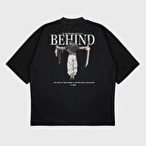 Oversize 'Behınd' Baskılı Bisiklet Yaka T-Shırt