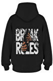 Oversize 'Break Rules' Baskılı Kapşonlu Hoodie Sweatshirt