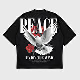 Oversize 'Peace' Baskılı Bisiklet Yaka T-Shırt
