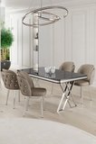 Rigel Serisi 80x130 Lak Panel Siyah Mermer Desen Masa Takımı Krom Ayaklı 4 Cappucino Sandalye