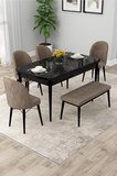Rut Serisi Açılabilir 80x132 Siyah Mermer Desen Mutfak Masası Takımı 4 Cappucino Sandalye 1 Bench