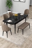Rut Serisi Açılabilir 80x132 Siyah Mermer Desen Mutfak Masası Takımı 4 Cappucino Sandalye 1 Bench